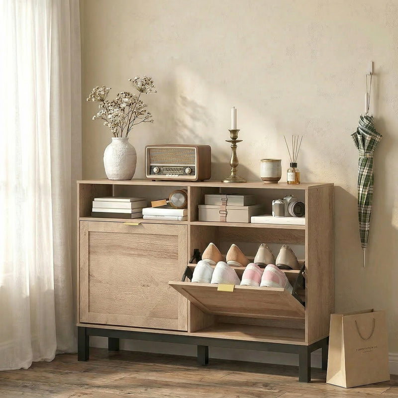 Shoe Storage Cabinet for Narrow Hallways with Flip Drawers and Open Shelves Walnut Brown AOSOM