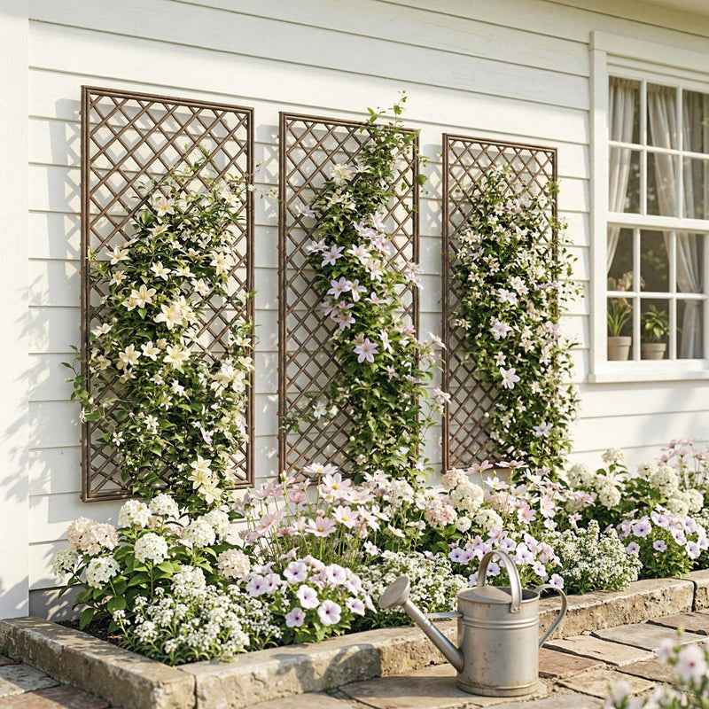Three wicker trellis panels mounted on a cottage wall with clematis climbing across them