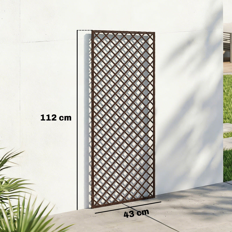 Dimension diagram showing one wicker trellis panel measuring 112cm high by 43cm wide
