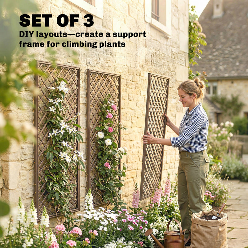 Woman positioning a wicker trellis panel against a stone wall to create a custom DIY layout
