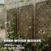 Close-up of the hand-woven wicker weave, labelled natural texture and weather-resistant