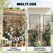 Comparison graphic showing the trellis panels used as plant support and as decorative privacy panels