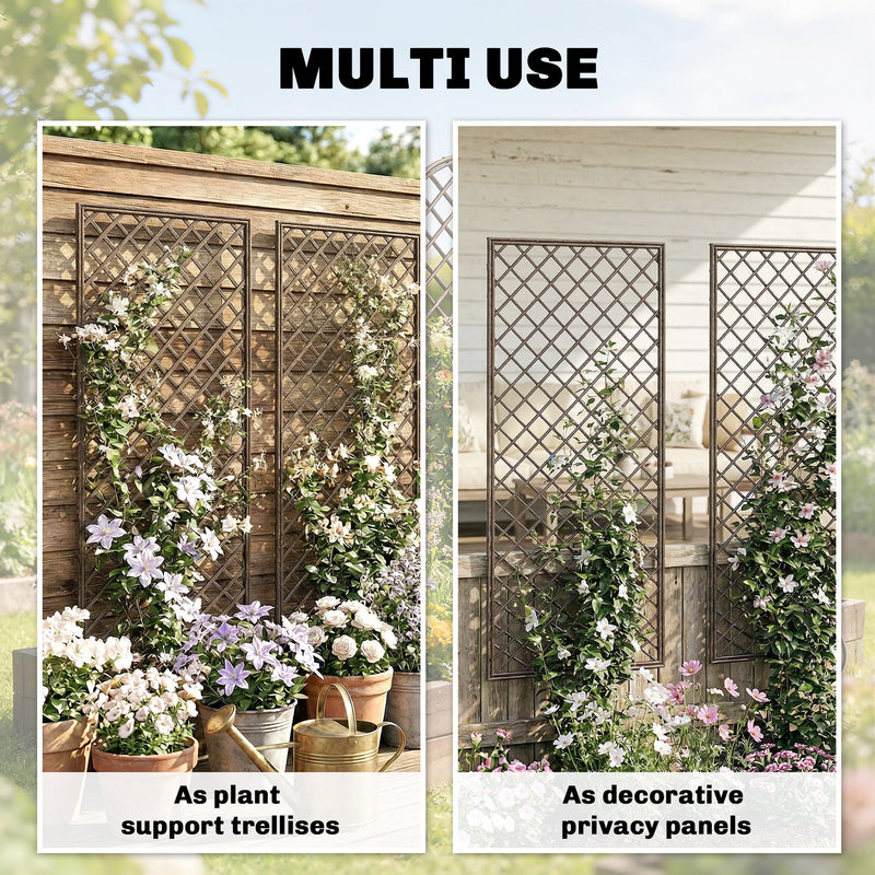 Comparison graphic showing the trellis panels used as plant support and as decorative privacy panels