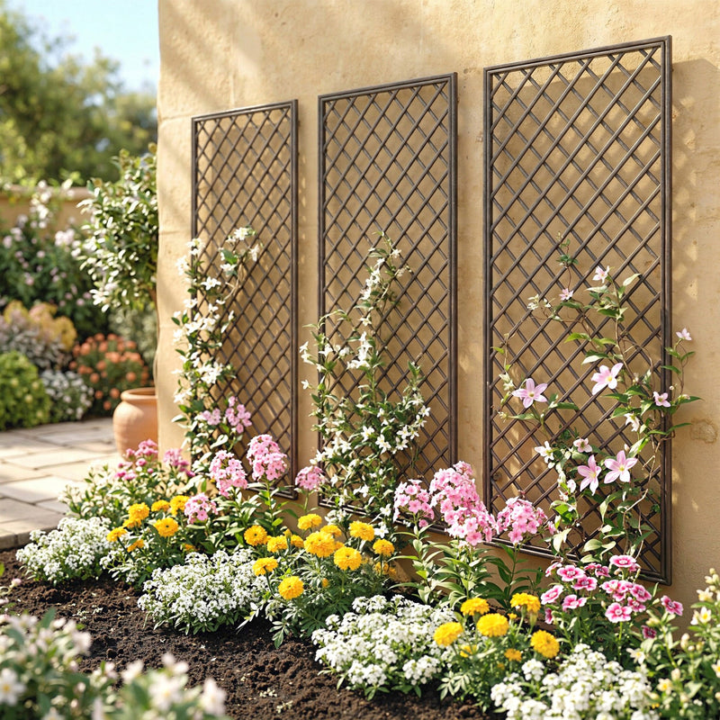 Three trellis panels mounted on a sunlit garden wall above a colourful flower border