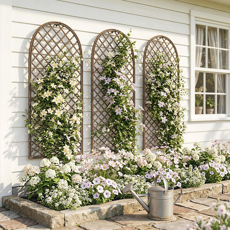 Three wicker trellis panels mounted on a house wall with white and pink climbing flowers