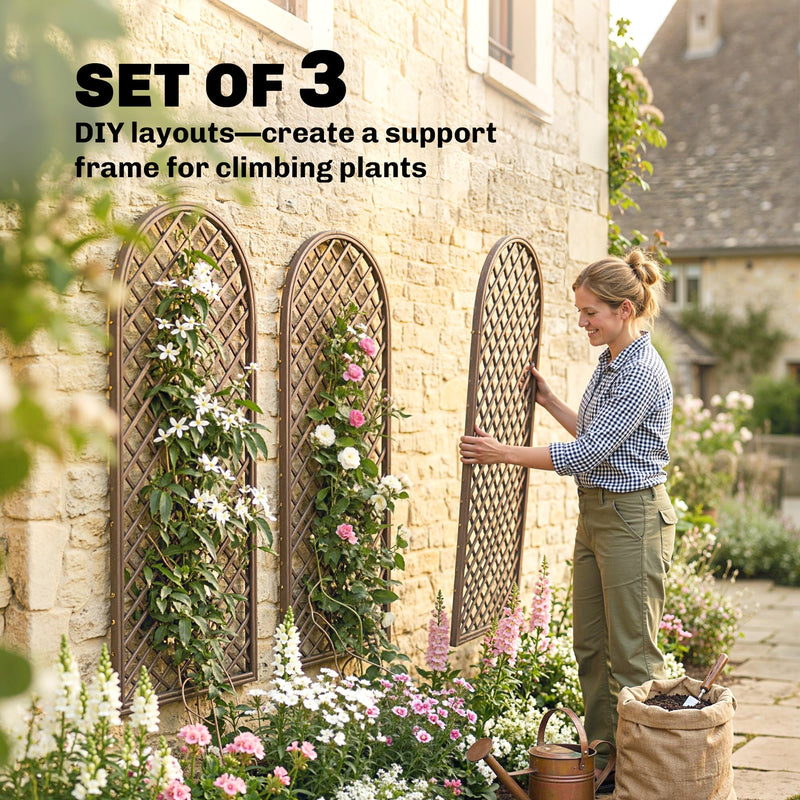 Woman positioning one of the set of 3 trellis panels against a stone wall