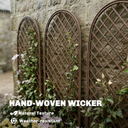 Close-up of hand-woven weather-resistant wicker texture on the trellis panels in the rain