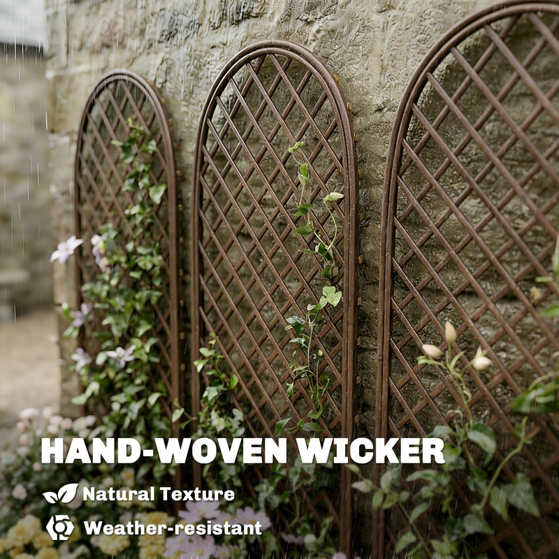 Close-up of hand-woven weather-resistant wicker texture on the trellis panels in the rain