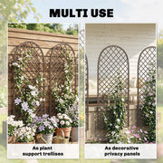 Split image showing the panels used as plant support trellises and as decorative privacy panels