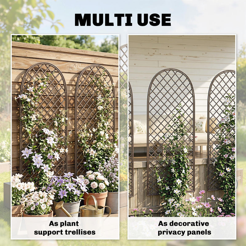 Split image showing the panels used as plant support trellises and as decorative privacy panels