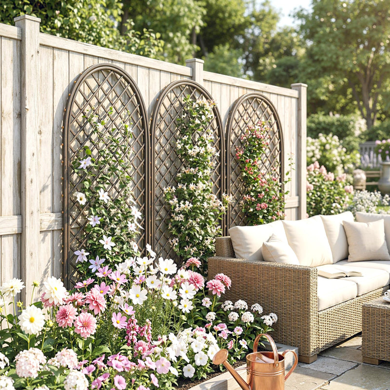 Trellis panels mounted on a wooden garden fence beside a rattan sofa seating area