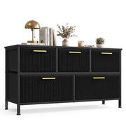 Black 5-drawer corduroy chest of drawers on steel legs, front angled view