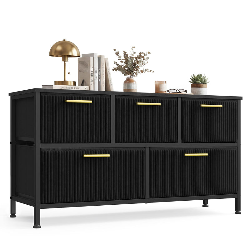 Black 5-drawer corduroy chest of drawers on steel legs, front angled view