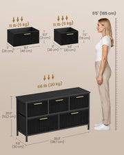 Dimensions diagram showing the chest at 98.7 x 30 x 53.2 cm beside a 165 cm model, with drawer sizes and weight capacity