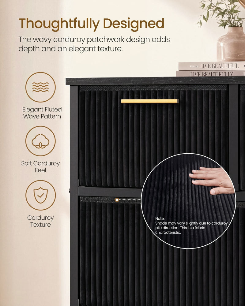 Close-up of the fluted corduroy drawer texture with a hand touching the fabric