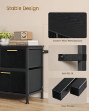 Close-up details of the scratch-proof particleboard top, anti-tip wall strap and square steel frame legs