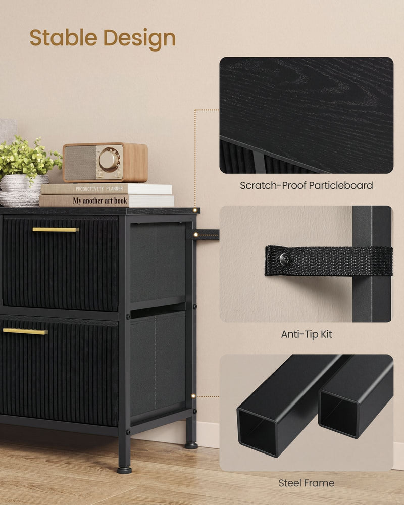 Close-up details of the scratch-proof particleboard top, anti-tip wall strap and square steel frame legs
