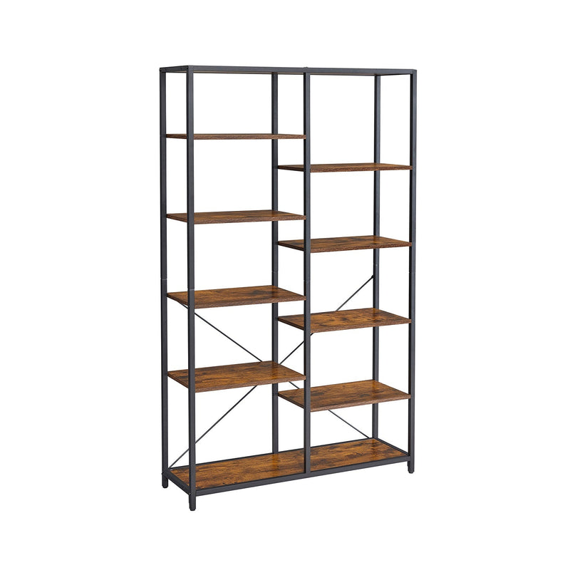 Wide rustic brown and black 5 tier bookcase with two shelf columns on white