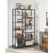 Bookcase in a study filled with books, a telescope and storage boxes