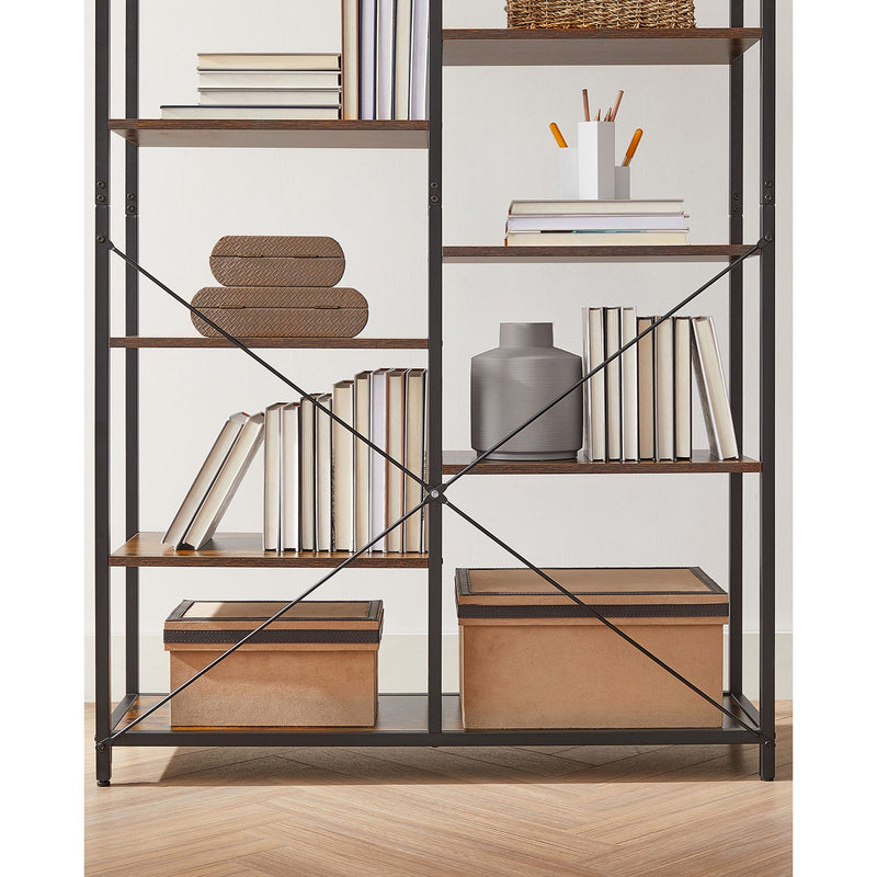 Close-up of two shelf columns holding upright books and lidded storage boxes