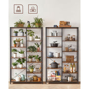 Two bookcases used as a plant display and as open kitchen storage