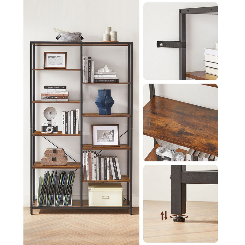 Loaded bookcase with insets of the wall anchor bracket and adjustable foot