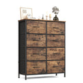 Wide 8-drawer fabric chest of drawers in rustic brown and black, angled studio view