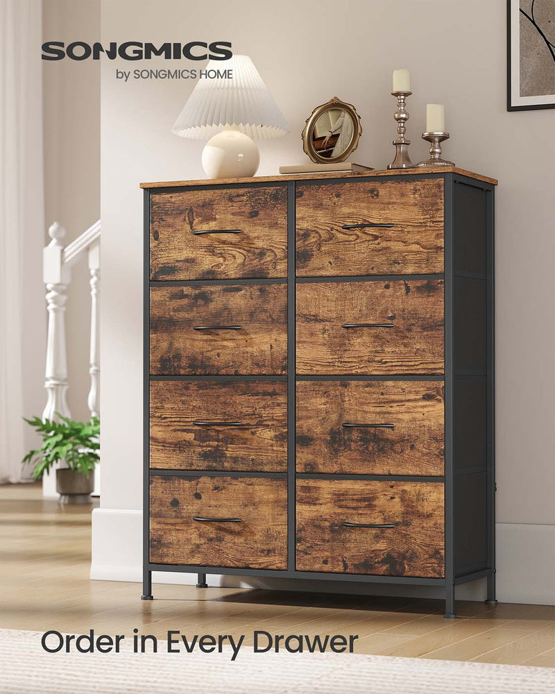 8-drawer fabric chest in a hallway styled with a lamp, mirror and candles