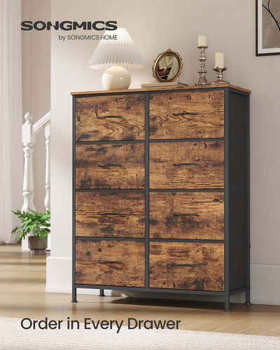 8-drawer fabric chest in a hallway styled with a lamp, mirror and candles