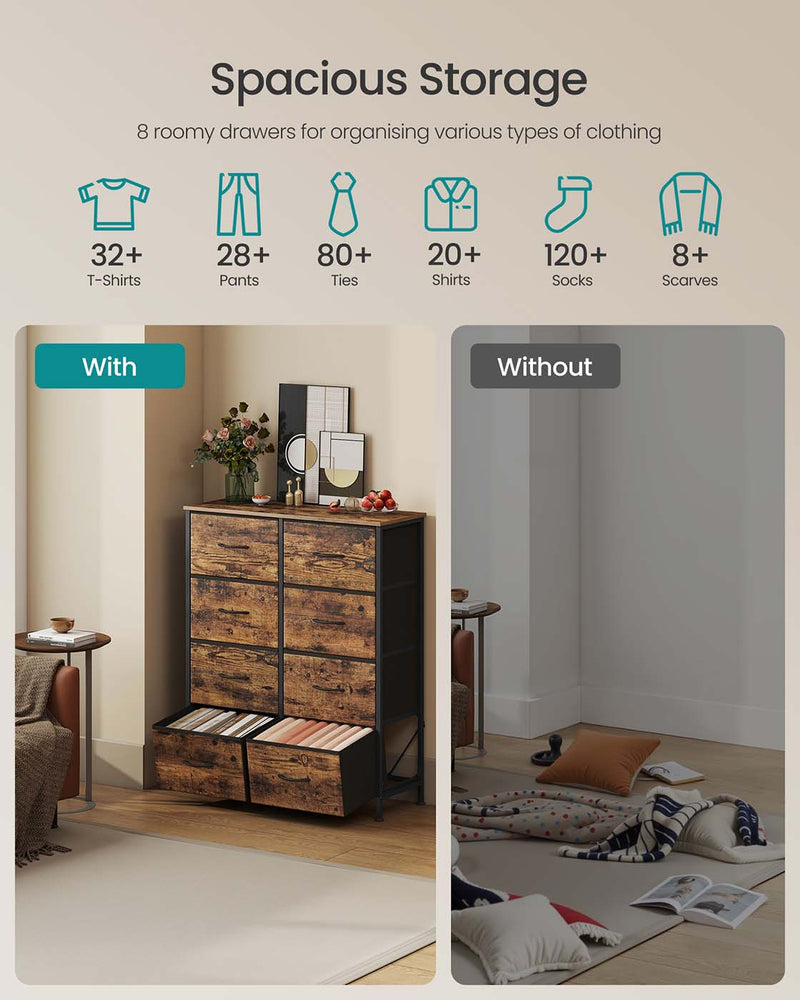 Chest of drawers holding folded clothes compared with clothes piled on the floor