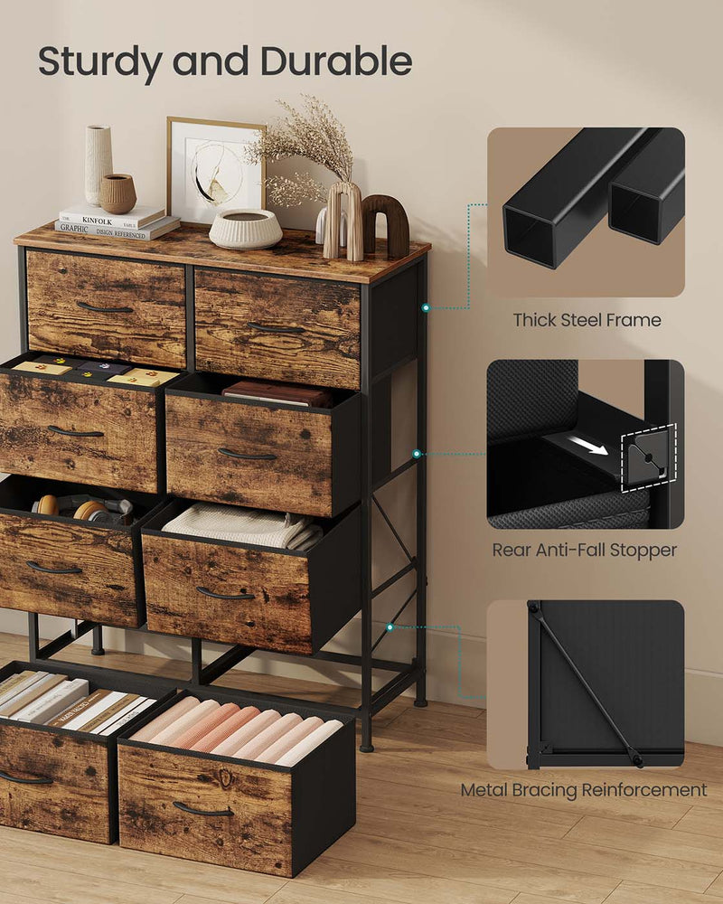 Feature callouts for the steel frame, rear drawer stopper and metal bracing