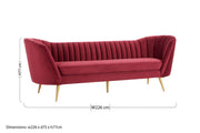 Dimensions diagram for the wine velvet 3 seater sofa, 77H x 75D x 226W cm