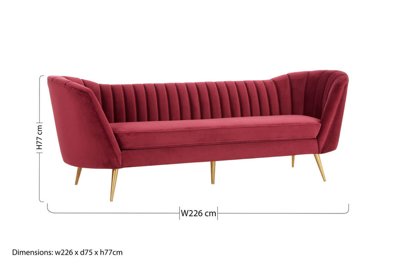 Dimensions diagram for the wine velvet 3 seater sofa, 77H x 75D x 226W cm