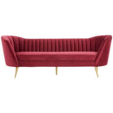 Wine velvet 3 seater sofa, front studio shot