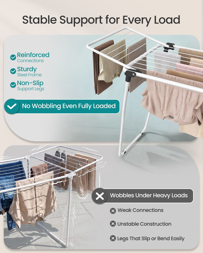 Stable support comparison showing reinforced connections and non-slip legs against a wobbling rack