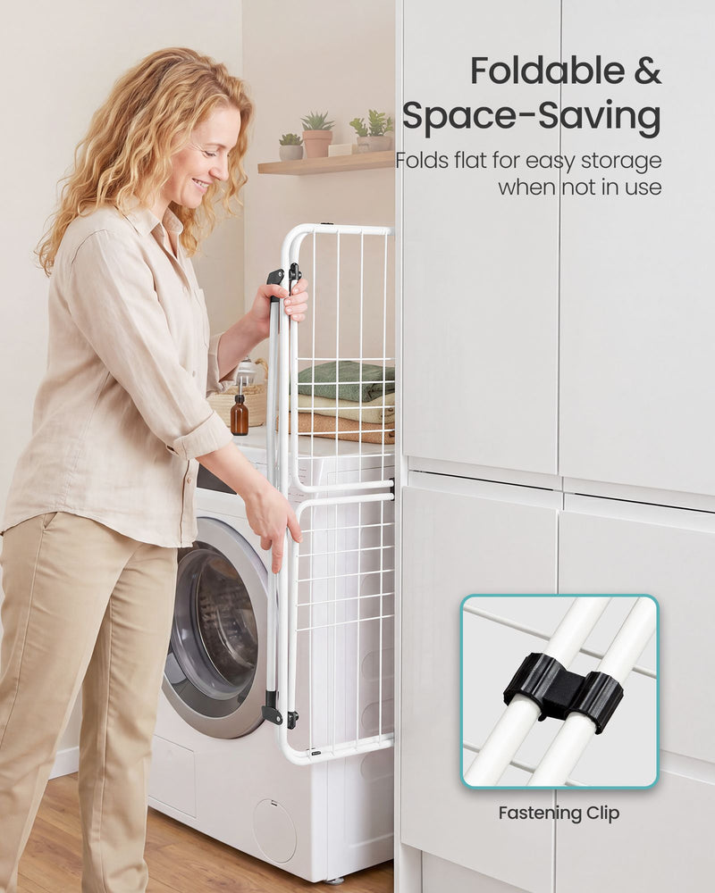 Woman carrying the folded airer next to a washing machine with a close-up of the fastening clip