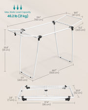 Dimensions diagram of the open and folded airer with 21 kg maximum load