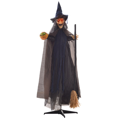 Homcom witch with broomstick Halloween animatronic holding a light-up pumpkin on a white studio background
