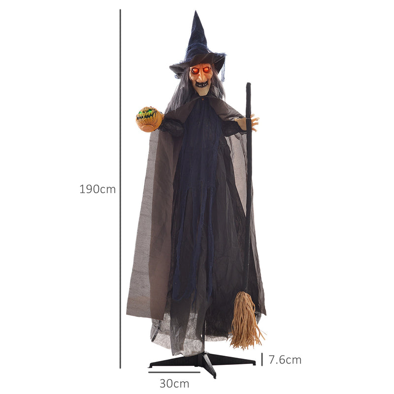 Dimensions diagram showing the Homcom witch with broomstick animatronic at 190 cm tall with a 30 cm by 7.6 cm base