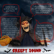 Feature callout showing the Homcom witch with broomstick animatronic making a creepy cackling sound