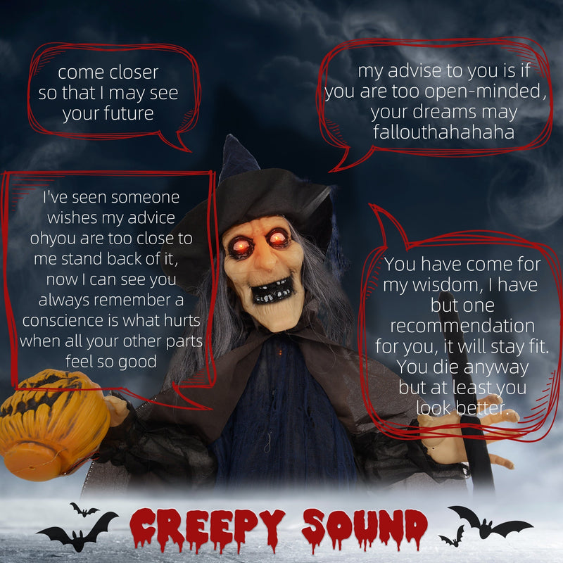 Feature callout showing the Homcom witch with broomstick animatronic making a creepy cackling sound