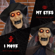 Feature collage showing the glowing red eyes and movement of the Homcom witch with broomstick animatronic
