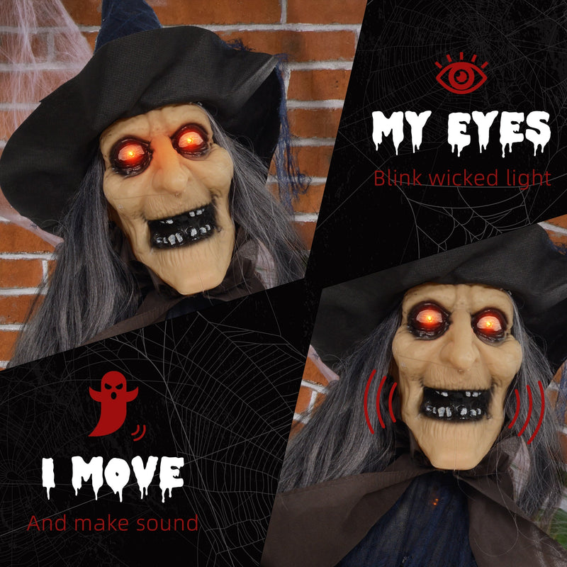 Feature collage showing the glowing red eyes and movement of the Homcom witch with broomstick animatronic