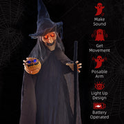 Feature list showing sound, movement, posable arm, light-up design and battery power for the Homcom witch animatronic