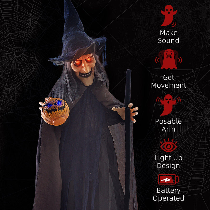 Feature list showing sound, movement, posable arm, light-up design and battery power for the Homcom witch animatronic