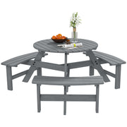 6 Seater Round Wooden Picnic Table With Benches and Parasol Hole for Garden and Patio Grey by Outsunny Outsunny