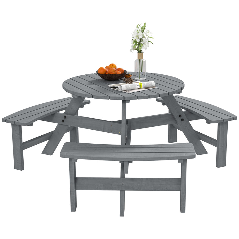 6 Seater Round Wooden Picnic Table With Benches and Parasol Hole for Garden and Patio Grey by Outsunny Outsunny
