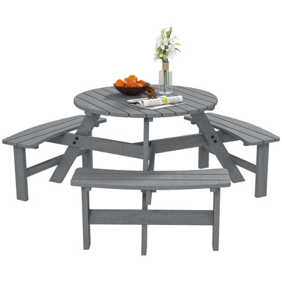 6 Seater Round Wooden Picnic Table With Benches and Parasol Hole for Garden and Patio Grey by Outsunny Outsunny