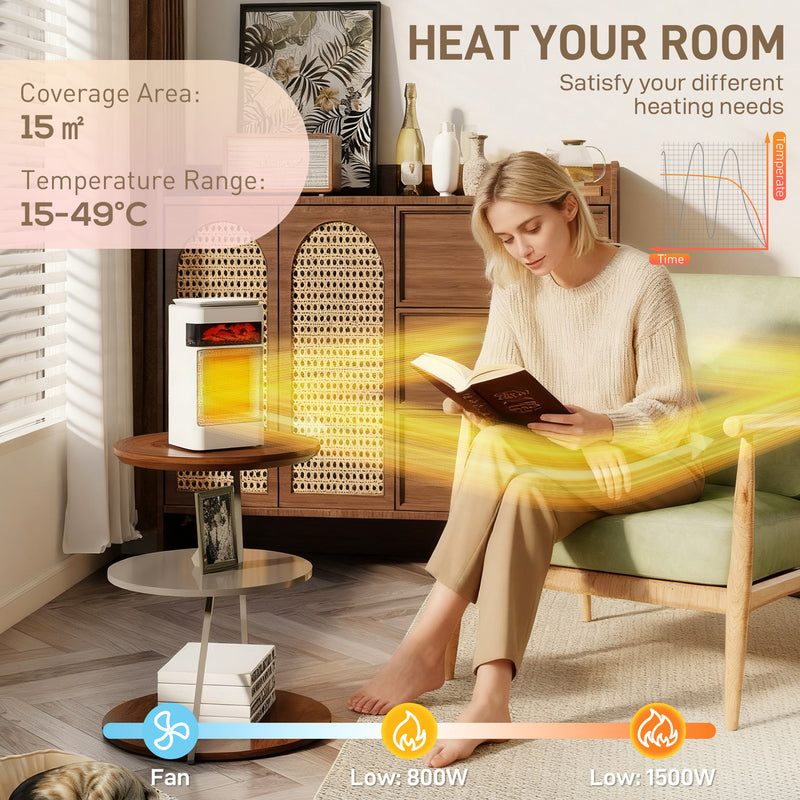 1500W Ceramic Electric Fan Heater With Oscillation and Flame Effect For Bedrooms White