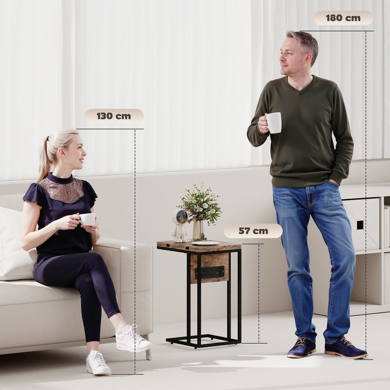 C Shaped Side Table with Foldable Top and USB Charging Station Ideal for Small Spaces Rustic Brown